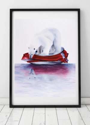'Cola Bear' Open Edition Giclee Print By Paul Kneen Features A Handpainted Polar Bear Floating Along On A Crushed Can Of Coke.