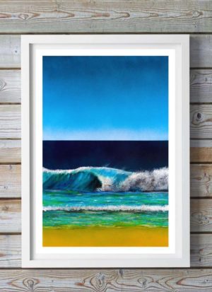 Seascape fine art print by Sally Shephard shows a crashing wave created using spraypaints, acrylics, posca pens and charcoal