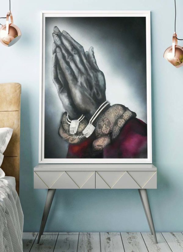 Giclee print of praying hands in handcuffs