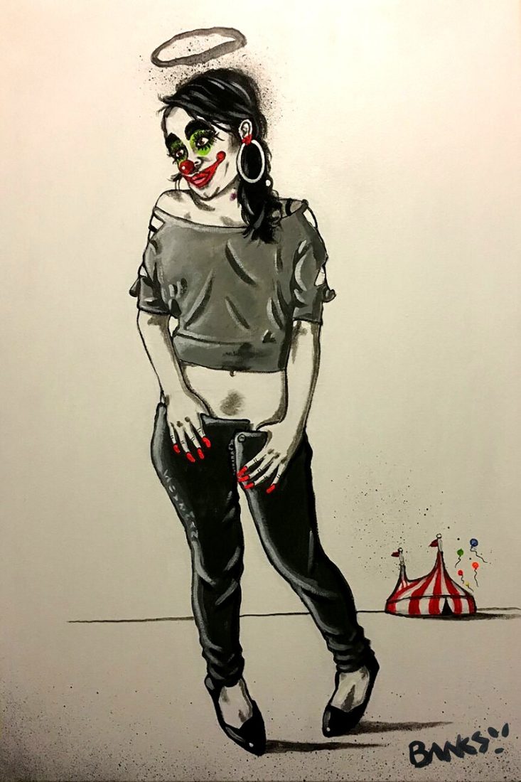 A very apt piece for the self obsessed, fake world we find ourselves living in. Modern Girl shows a make up clad girl with clowns nose and halo. A circus tent sits in the background
