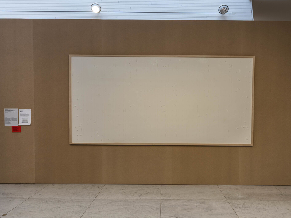 One of the blank canvasses now hanging in the Kunsten Museum as part of Jens Haanings conceptual art titled 'Take the money and run'