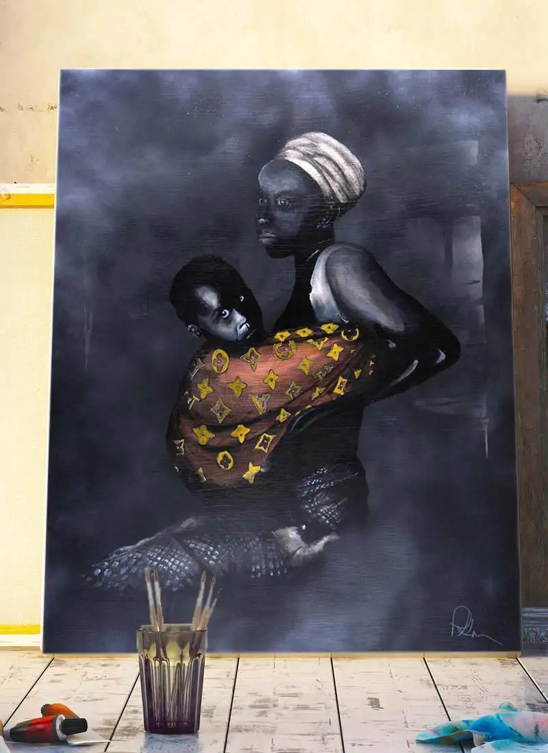 Reality Cheque - Louis Vuitton Original Painting On Canvas By Paul Kneen Using Acrylics, Marker Pens and Spray Paint. It features a woman holding her child wrapped in a Louis Vuitton blanket.