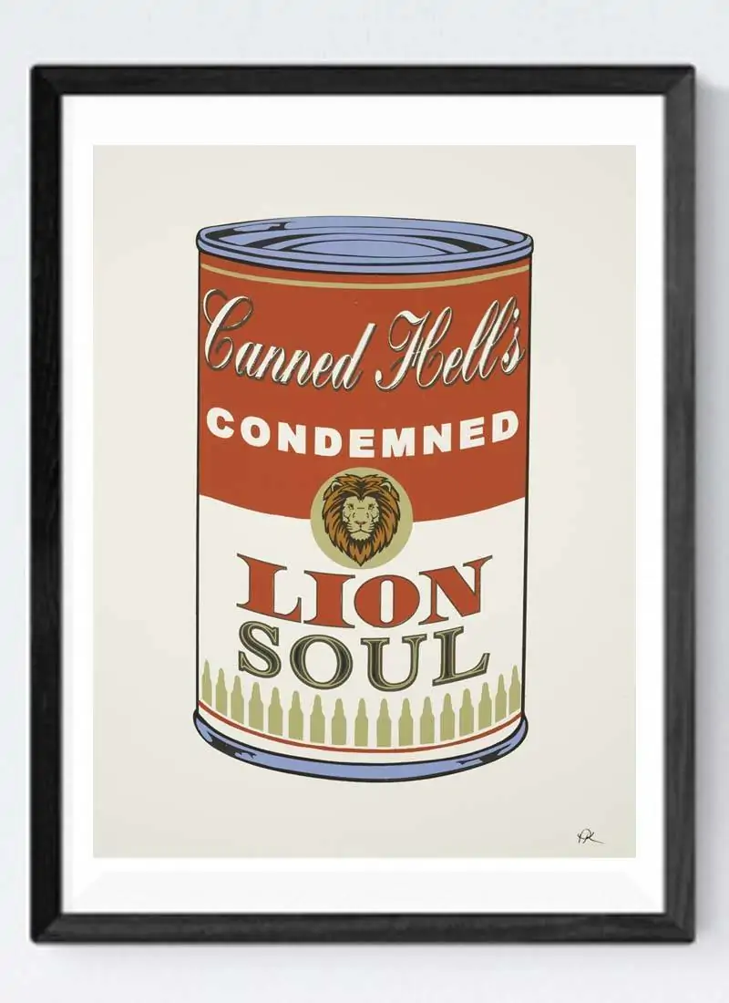 Andy Warhol style soup can with the words Canned Hell's condemned lion soul