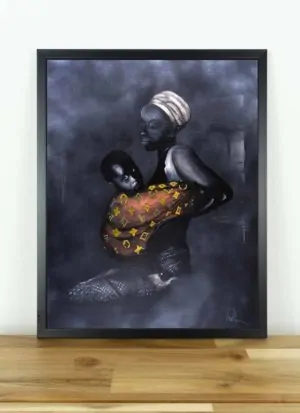 Signed giclee print created with spray paint, acrylics and marker pens depicting a woman holding her child wraped in a Louis Vuitton blanket