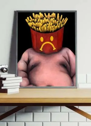 Unique giclee print of overweight person with fries for a head. Painted using acrylics, spray paint and marker pens.