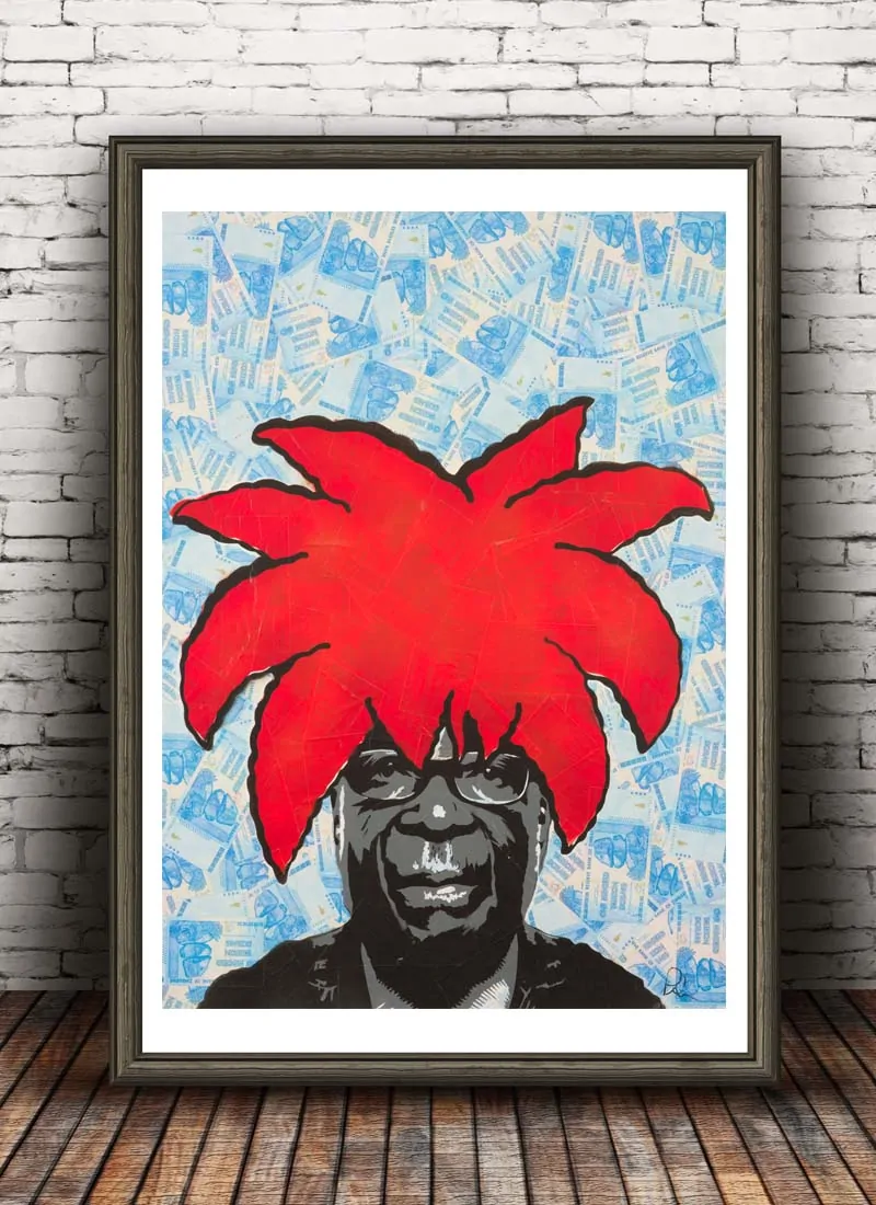 Black and white stencil of Robert Mugabe as Sideshow Bob from The Simpsons on a background of Zimbabwean money