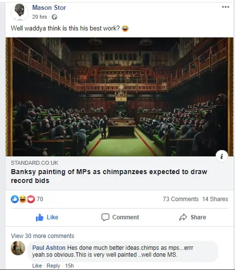 Facebook post from Mason Storm implying he in fact painted Banksy's Devolved Parliament