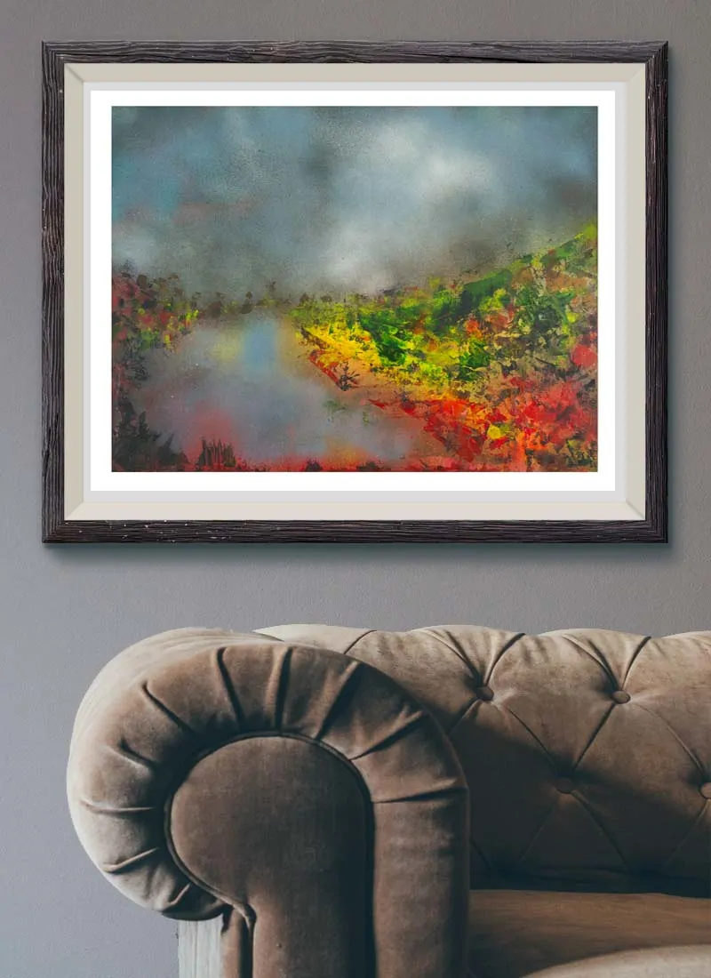 The stillness of light is a vibrant abstract landscape print from UK artist Sarah Perkins