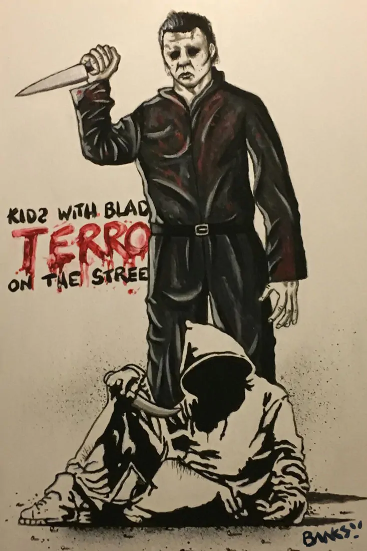 'Kids with blades' features Halloween movie character Michael Myers towering over a knife wielding hooded youth. This is the latest piece by the guy claiming to be the original Banksy.