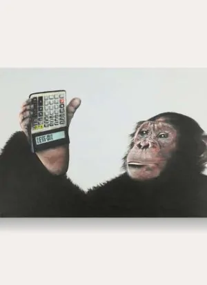 A stunning acrylic painted chimpanzee holding a calculator upside down that spells out the words Less Oil
