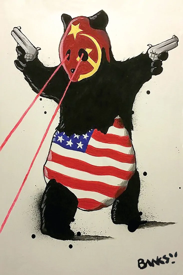 Banksy's 2019 version of his famous panda stencil gets a remake, commenting on the political situation between Amreica and China