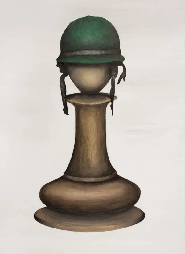 A chess pawn wearing a soldiers helmet painted in acrylics on a stretched canvas