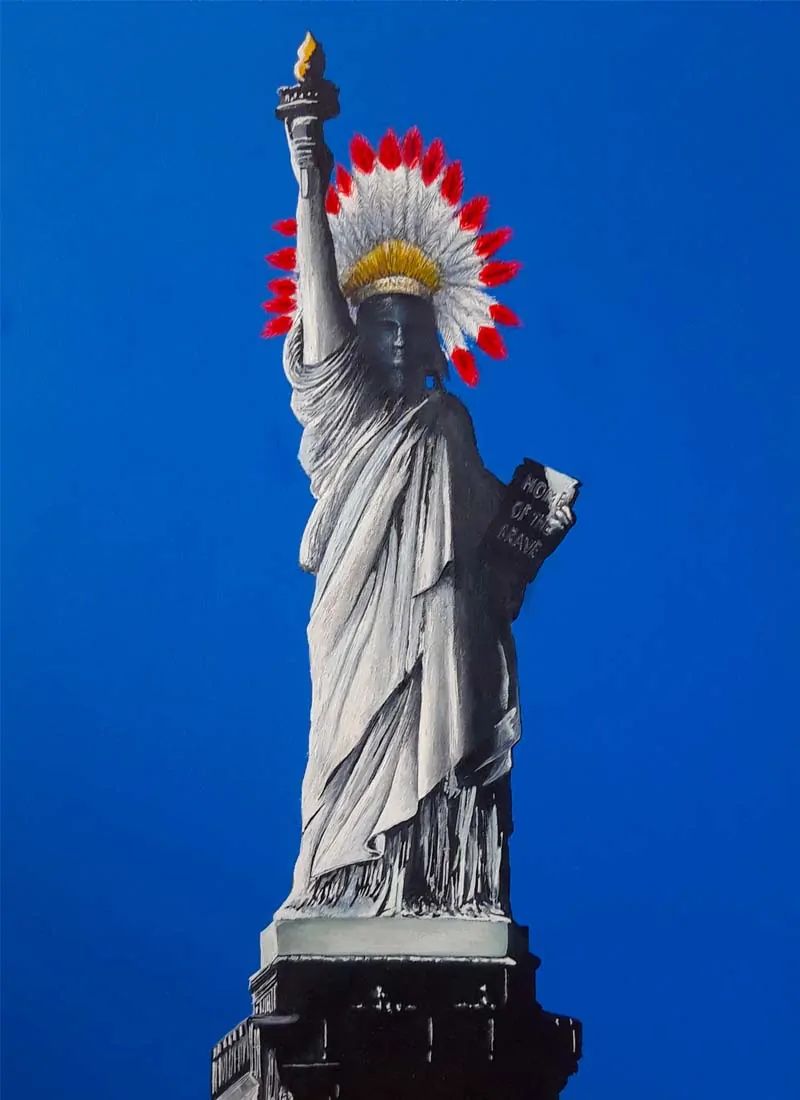 Home of the brave depicts the Statue Of Liberty wearing an Indian head dress