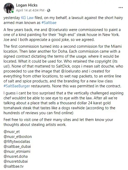 Logan Hicks has made his views very clear on social media regarding the illegal use of the image by Salt Bae