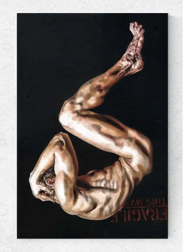 Fragile, This Way Up Figurative Male Nude Oil Art by Louise Bird