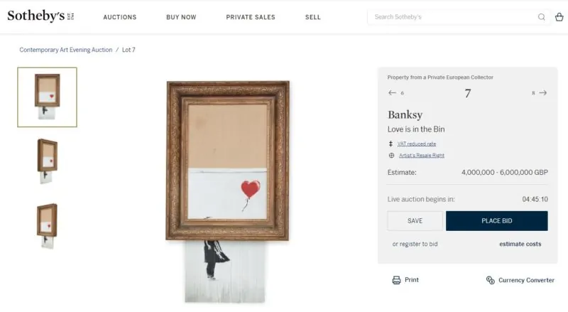 Love is in the bin goes up for auction at 6pm today. It will be interesting to see if this infamous piece will exceed or fall short of the price estimate.